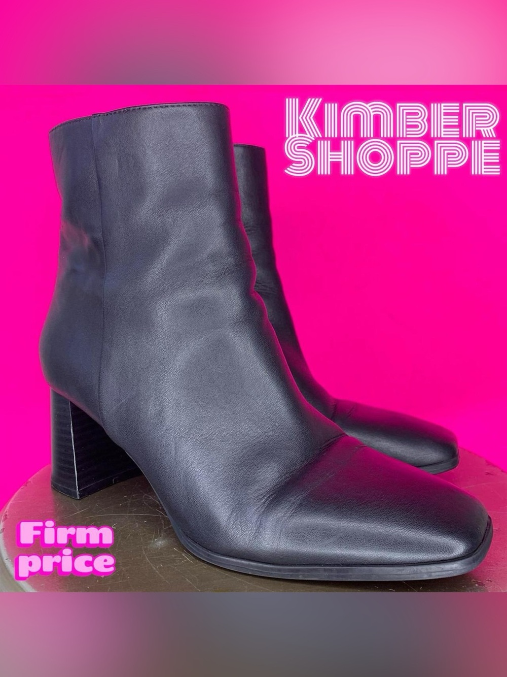 INC Dasha Black Leather Square Toe Block Heel Ankle Boot US 8